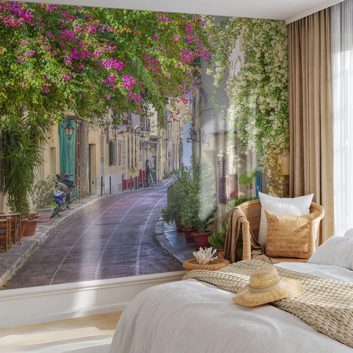 Self-Adhesive Photo Wallpaper Deluxe Sticker - Blooming Alley - Architecture, Greece, City - 250x175 cm