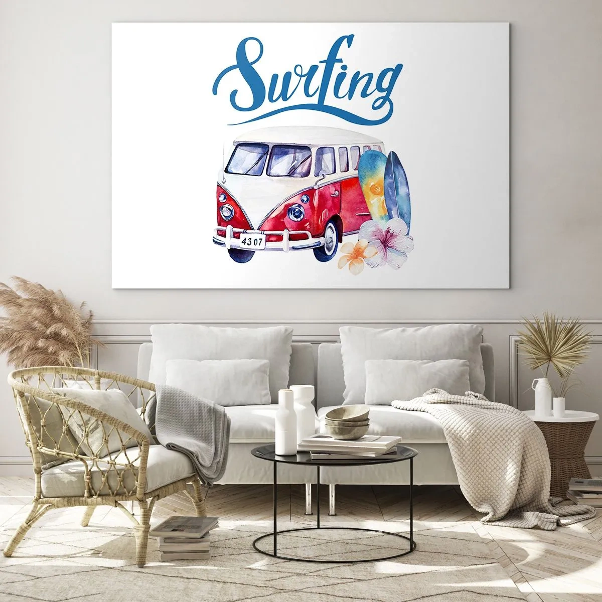 Glass picture - Surfing theme with van and boards - 70x50cm - Surfer's Van - Modern wall decoration for the living room and bedroom ARTTOR