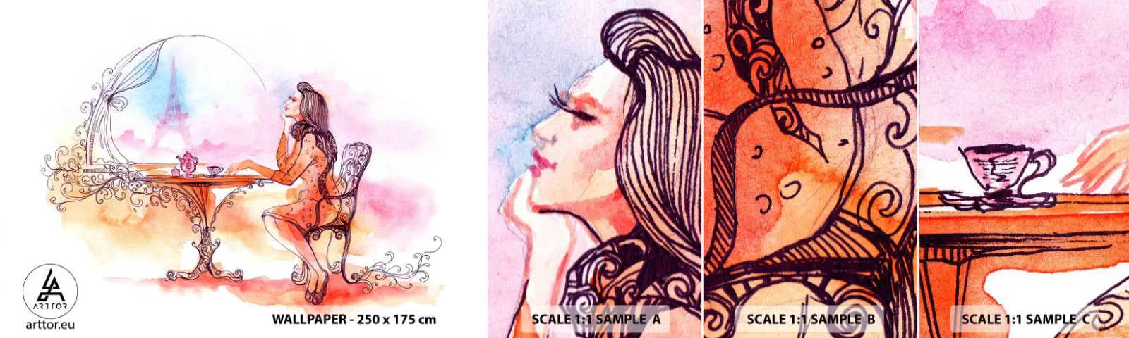 Photo Wallpaper Sample Self-Adhesive Deluxe Sticker - Parisian Chic - Paris, Woman, Eiffel Tower - 100x30 cm