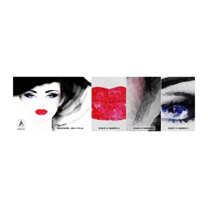 Photo Wallpaper Sample Premium Sand - Rejects and Attracts - Woman's Face, Red lips, Blue eyes - 100x30 cm
