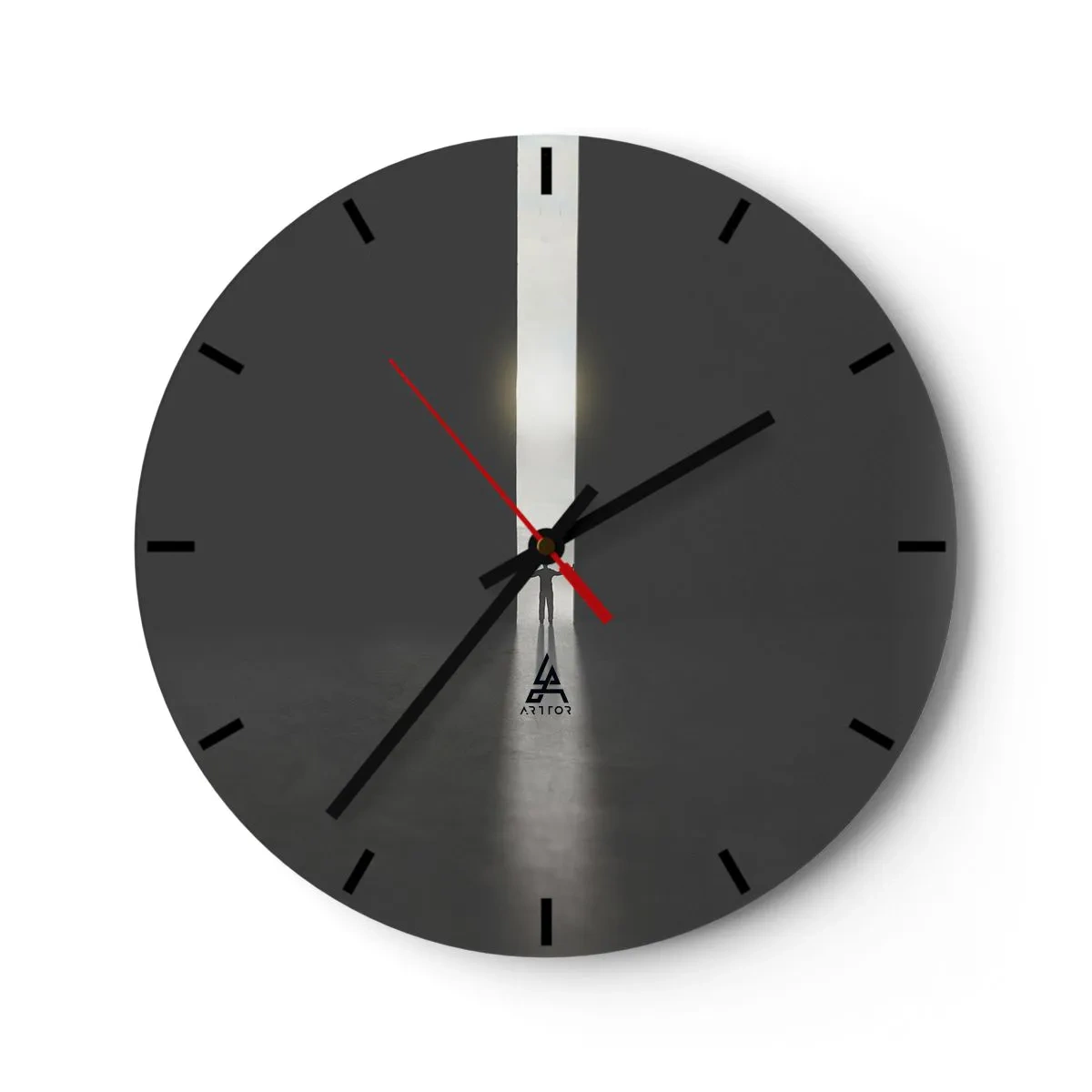 Wall clock - Clock on glass - The silhouette of a man in a luminous gap in a dark space - 30x30cm - Step to Bright Future - Modern wall decoration for the living room, kitchen, and bedroom ARTTOR