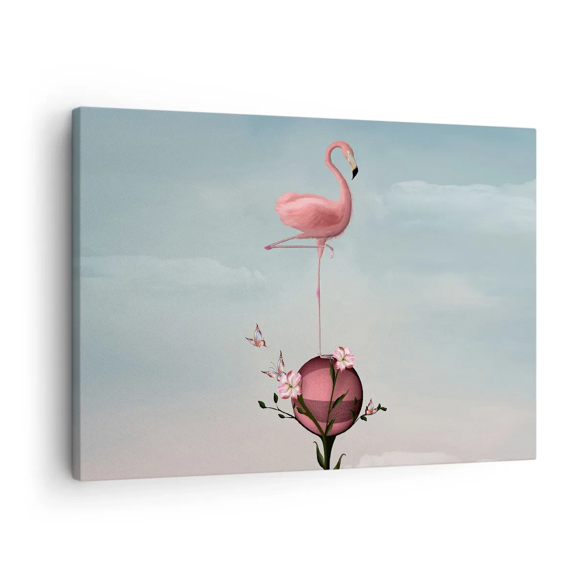 Canvas picture - A pink flamingo balancing on a flower ball - 70x50cm - Allegory of a Basketball - Modern wall decoration for the living room and bedroom ARTTOR