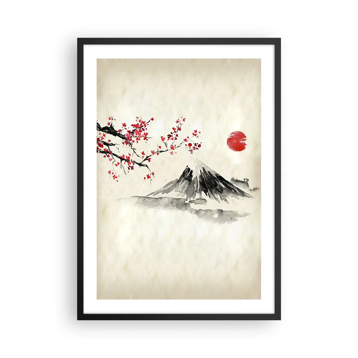 Poster in black frame - A mountain with a blossoming cherry branch and a red sun - 50x70cm - Love Japan - Modern wall decoration for the living room and bedroom ARTTOR