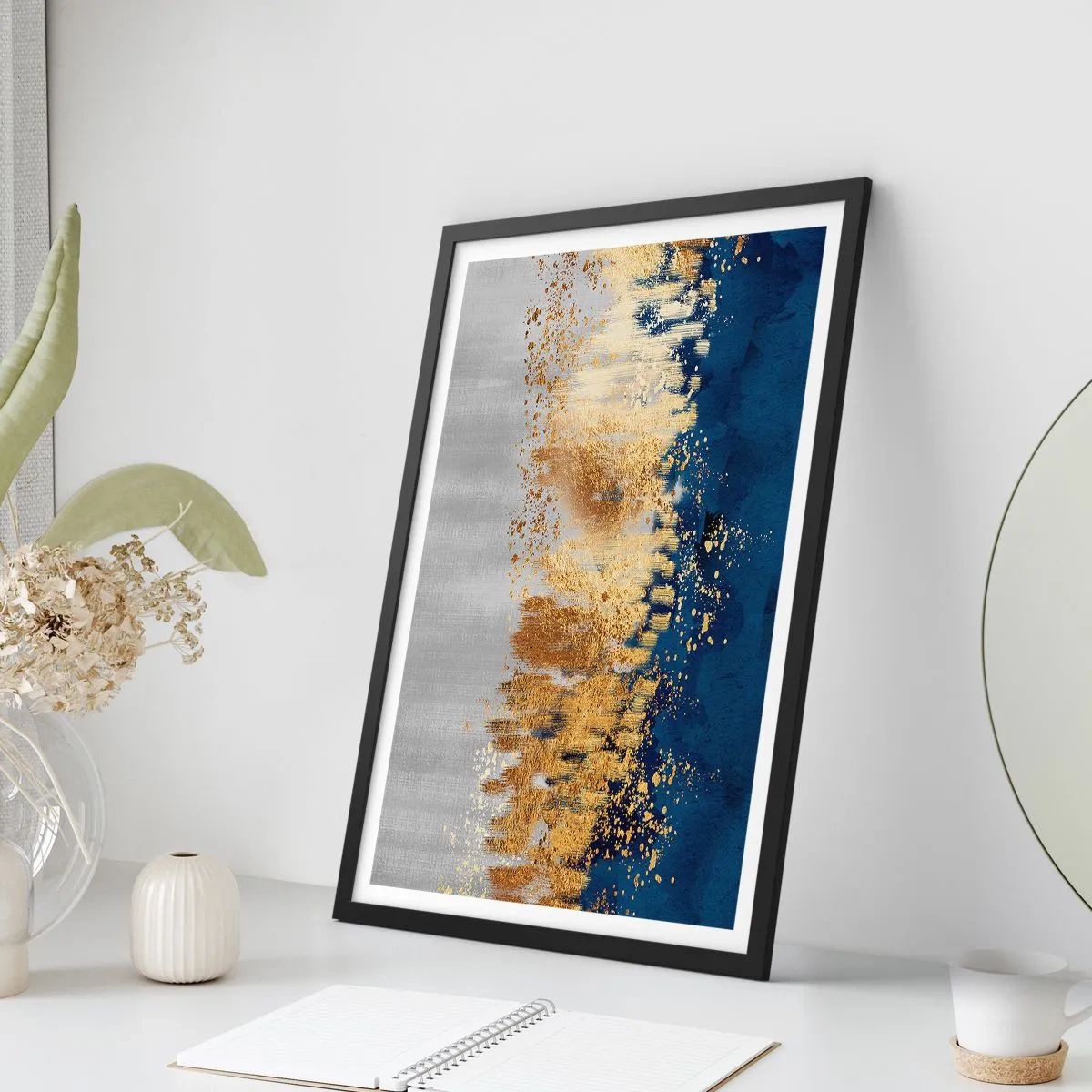Poster in black frame - An abstract composition in shades of navy blue, gold and silver - 50x70cm - Modern Composition and Twinkle - Modern wall decoration for the living room and bedroom ARTTOR