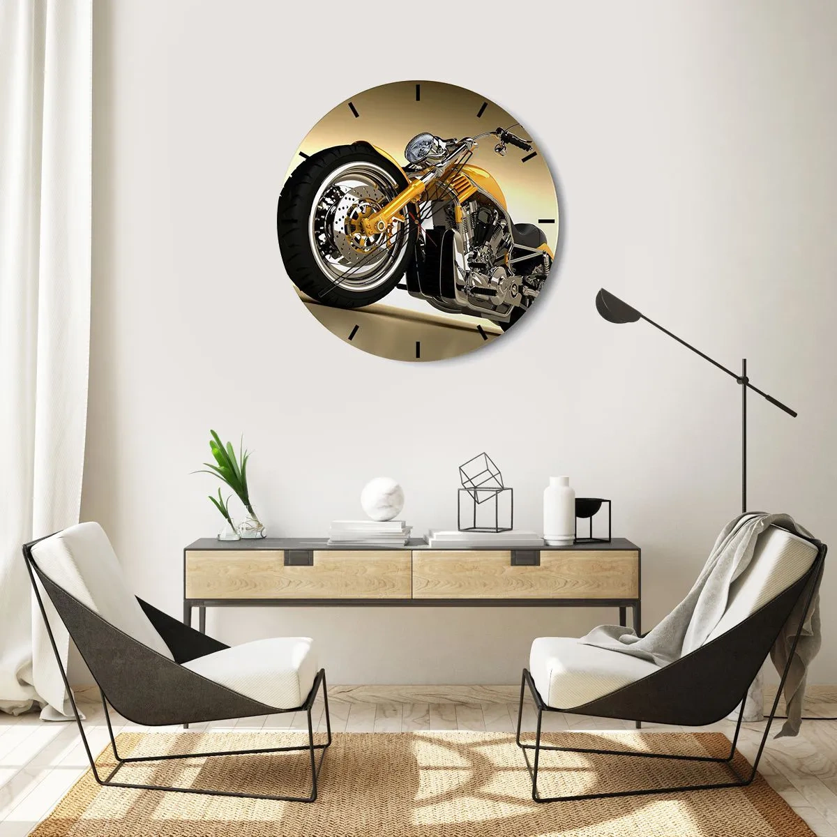 Wall clock - Clock on glass - A stylish motorcycle in shades of gold and chrome - 30x30cm - Dreams of Strength and Speed - Modern wall decoration for the living room, kitchen, and bedroom ARTTOR