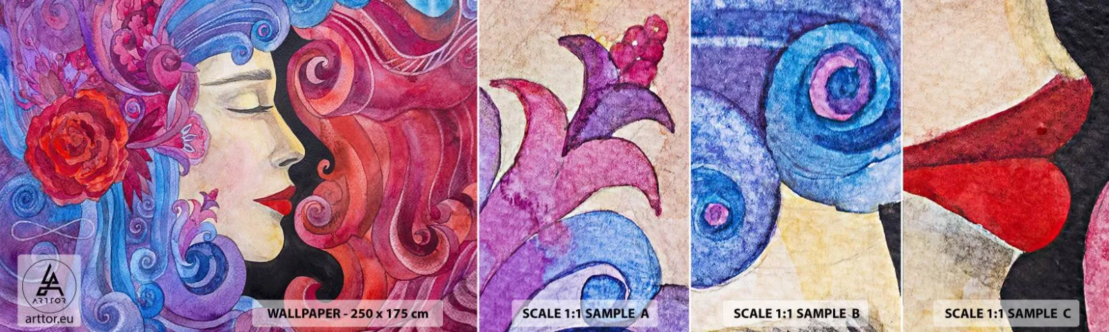 Photo Wallpaper Sample Self-Adhesive Deluxe Sticker - Secession Still Alive - Woman, Flowers, Goddess - 100x30 cm