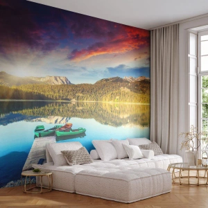 Photo Wallpaper Premium Canvas - By Water Smooth as a Mirror - Landscape, Mountains, Forest - 100x70 cm