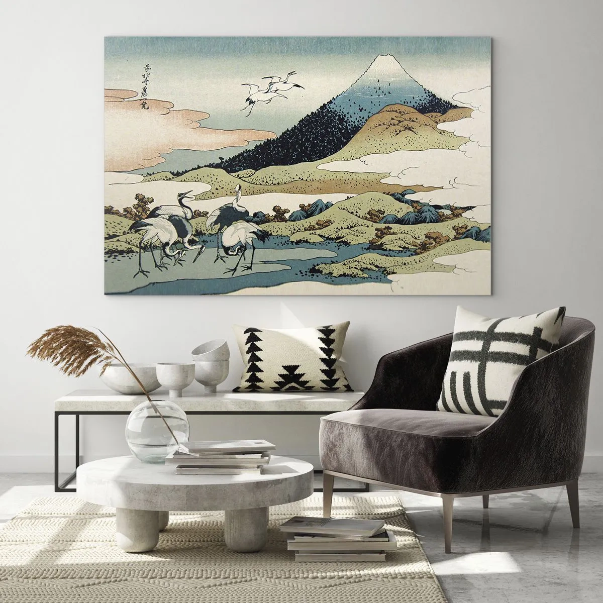 Glass picture - A painting of birds in a Japanese landscape overlooking Mount Fuji. - 70x50cm - In a Japanese Spirit - Modern wall decoration for the living room and bedroom ARTTOR