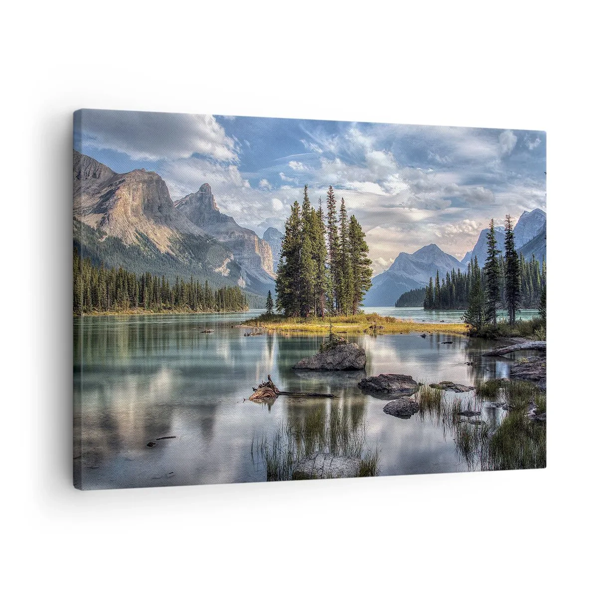 Canvas picture - A mountain landscape with an island surrounded by a calm lake - 70x50cm - By Big and Clear Waters - Modern wall decoration for the living room and bedroom ARTTOR