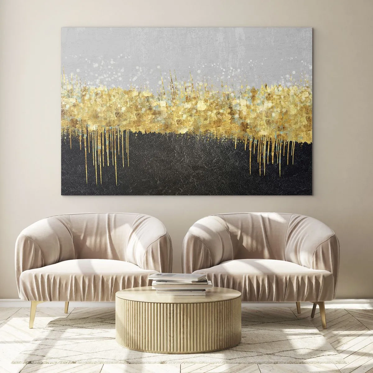 Glass picture - Golden abstraction with black and gray contrast - 70x50cm - In and Up - Modern wall decoration for the living room and bedroom ARTTOR