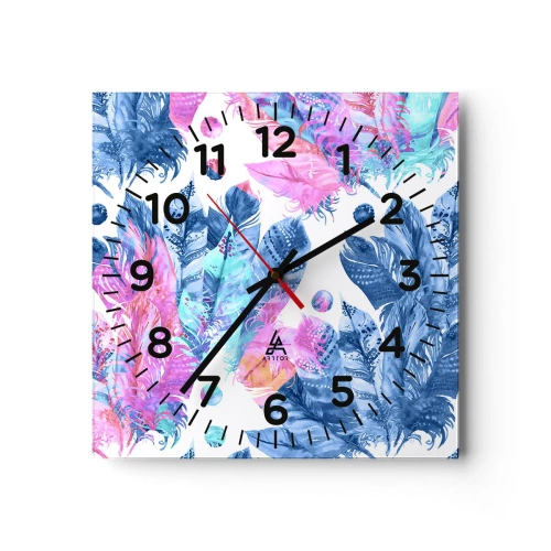 Wall clock - Clock on glass - Pink and Blue Plumes - 40x40 cm