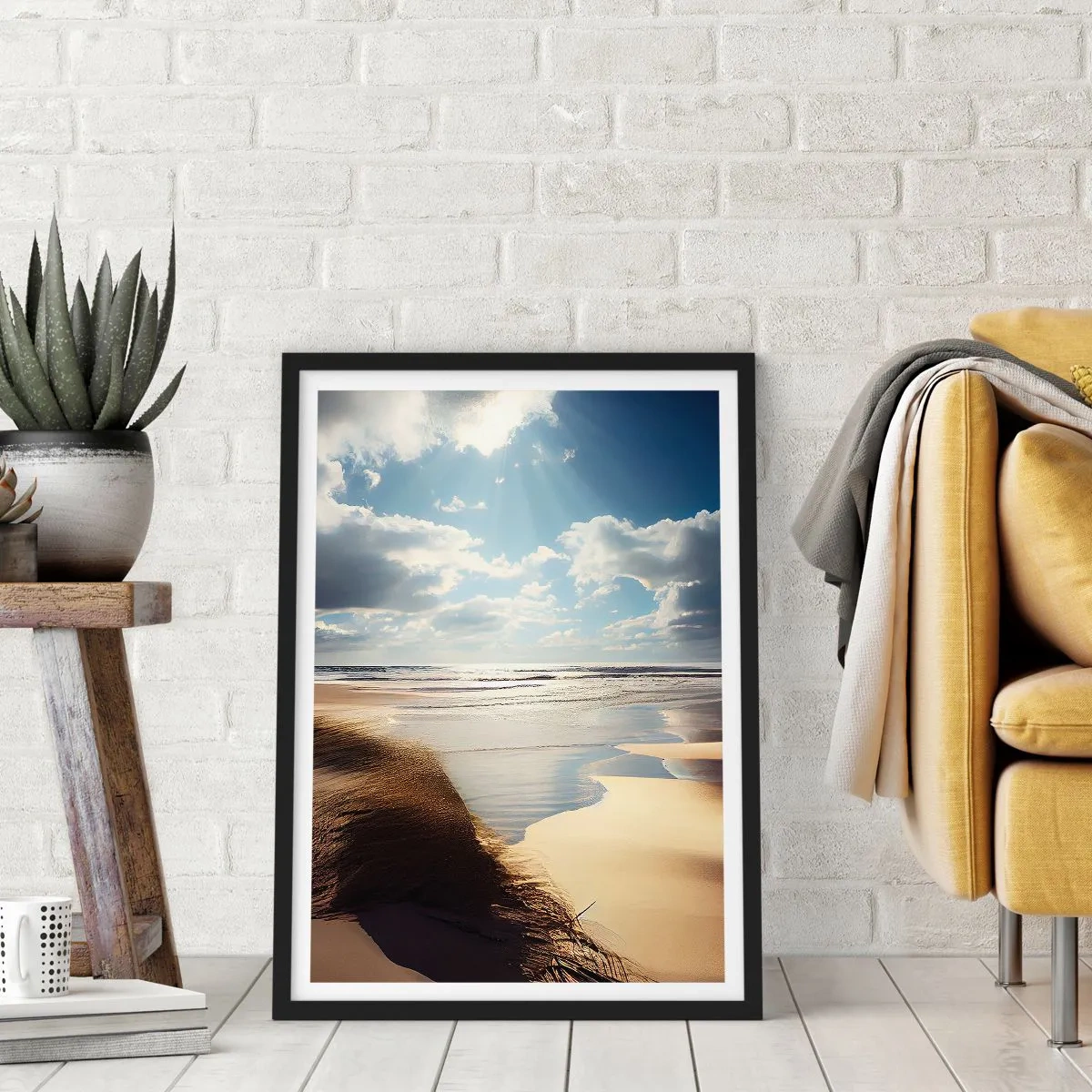 Poster in black frame - Beach at sunset with waves and clouds - 50x70cm - Beach, Wild Beach - Modern wall decoration for the living room and bedroom ARTTOR