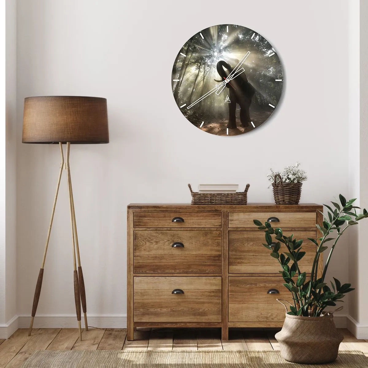 Wall clock - Clock on glass - An elephant in the rays of light penetrating the forest - 30x30cm - Under a Lucky Star - Modern wall decoration for the living room, kitchen, and bedroom ARTTOR