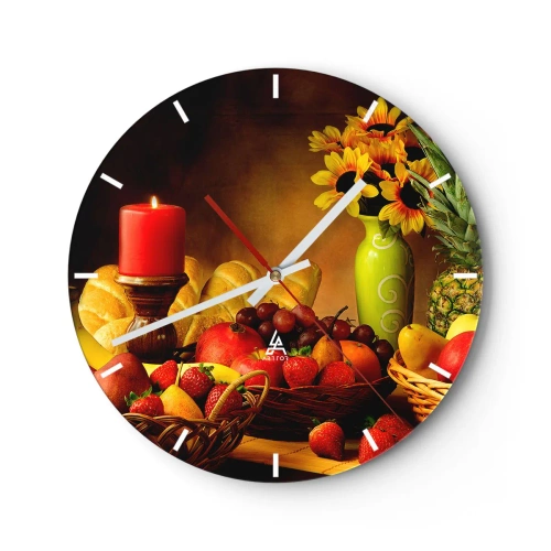 Wall clock - Clock on glass - Still Nature with Bread and Fruit - 40x40 cm