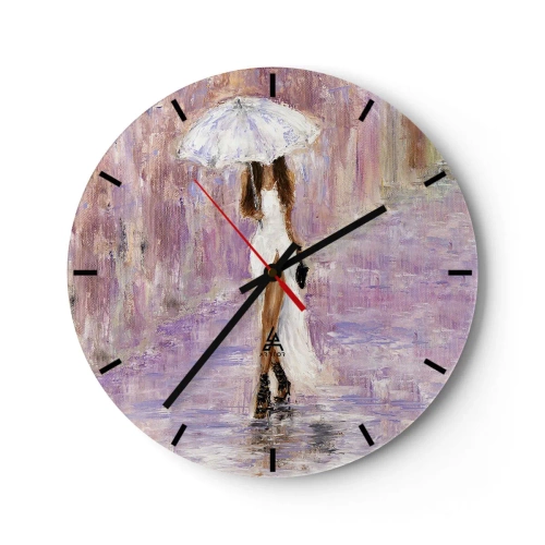 Wall clock - Clock on glass - The figure of a woman with an umbrella in the rain, against a lilac background - 30x30cm - In Liliac Rain - Modern wall decoration for the living room, kitchen, and bedroom ARTTOR