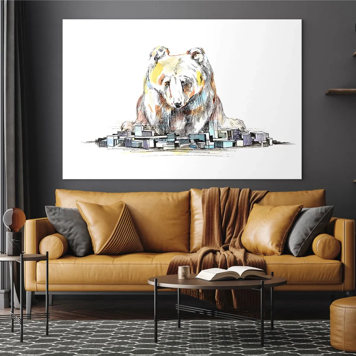 Glass picture - A bear looking at the city in an artistic composition - 70x50cm - How Can You Live like That? - Modern wall decoration for the living room and bedroom ARTTOR