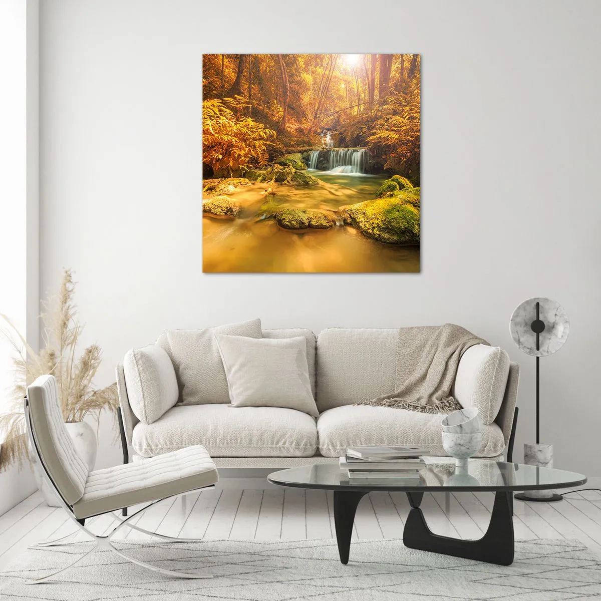 Glass picture - Forest Cascade in Gold - 60x60 cm