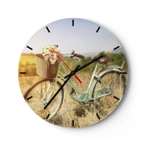 Wall clock - Clock on glass - A bicycle with a basket full of flowers in a field on a sunny day - 30x30cm - I will Stay Here for a While - Modern wall decoration for the living room, kitchen, and bedroom ARTTOR