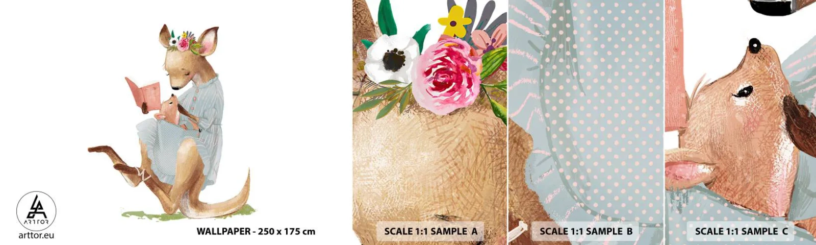 Photo Wallpaper Sample Standard Eco - Read to Me, Mum - For children, Kangaroo, Mother With Child - 100x30 cm