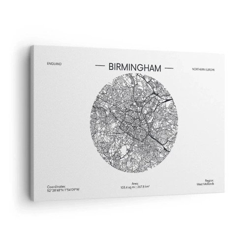 Canvas picture - A minimalist black and white map of Birmingham with precise details. - 70x50cm - Anatomy of Birmingham - Modern wall decoration for the living room and bedroom ARTTOR