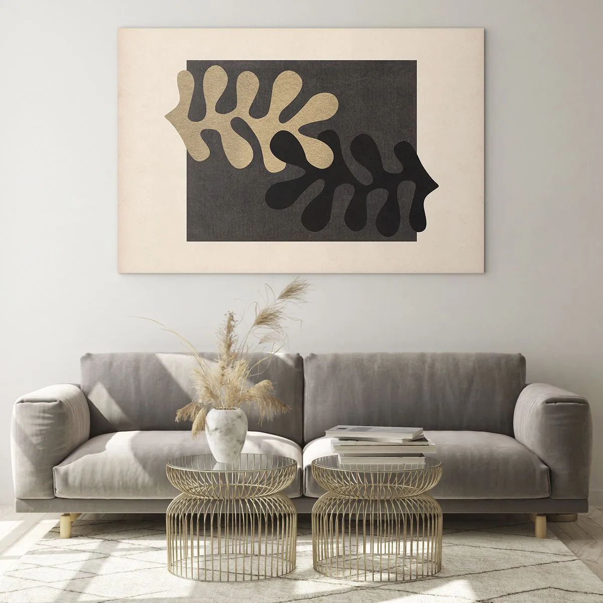 Glass picture - Abstract shapes in black and beige on a geometric background - 70x50cm - Absence and Completion - Modern wall decoration for the living room and bedroom ARTTOR