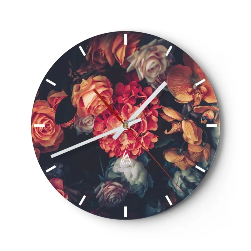 Wall clock - Clock on glass - Baroque-style floral arrangement on a dark background - 30x30cm - Like at Dutch Masters - Modern wall decoration for the living room, kitchen, and bedroom ARTTOR