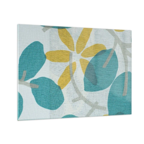 Glass picture - A plant graphic with azure leaves and yellow flowers - 70x50cm - Among Azure Leaves - Modern wall decoration for the living room and bedroom ARTTOR