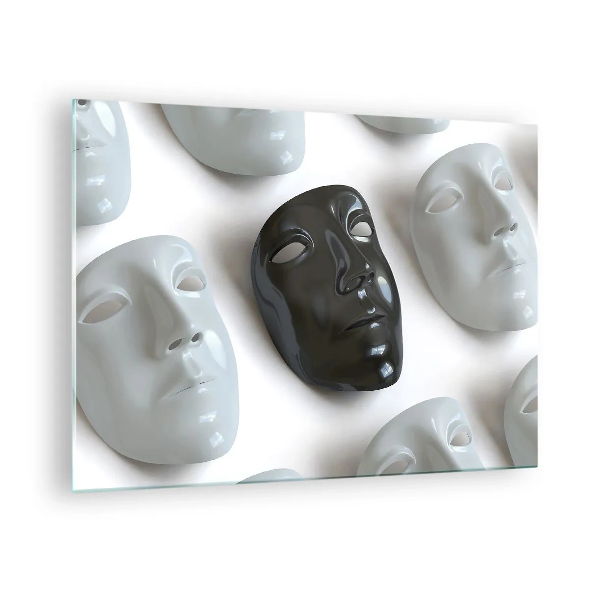 Glass picture - A black and white mask against a background of white masks on a light background - 70x50cm - How to Stand Out? - Modern wall decoration for the living room and bedroom ARTTOR