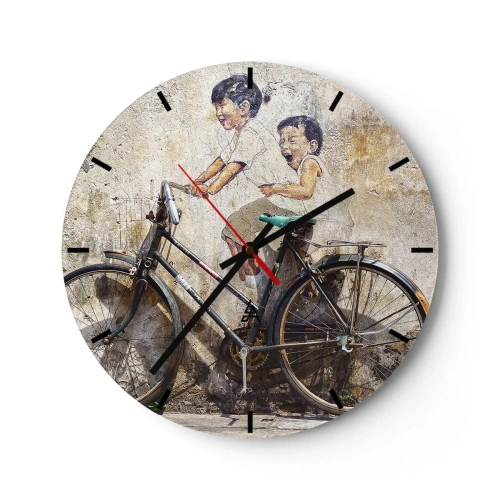 Wall clock - Clock on glass - A wall with a painting of children on a bicycle - 30x30cm - True or False? - Modern wall decoration for the living room, kitchen, and bedroom ARTTOR