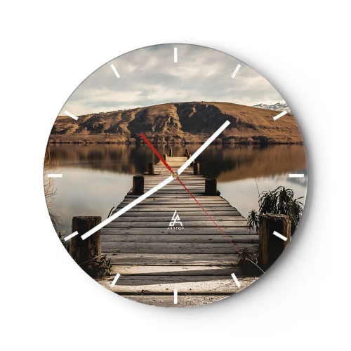 Wall clock - Clock on glass - A wooden bridge leads to a quiet lake in the mountains. - 30x30cm - Landscape in Silence - Modern wall decoration for the living room, kitchen, and bedroom ARTTOR