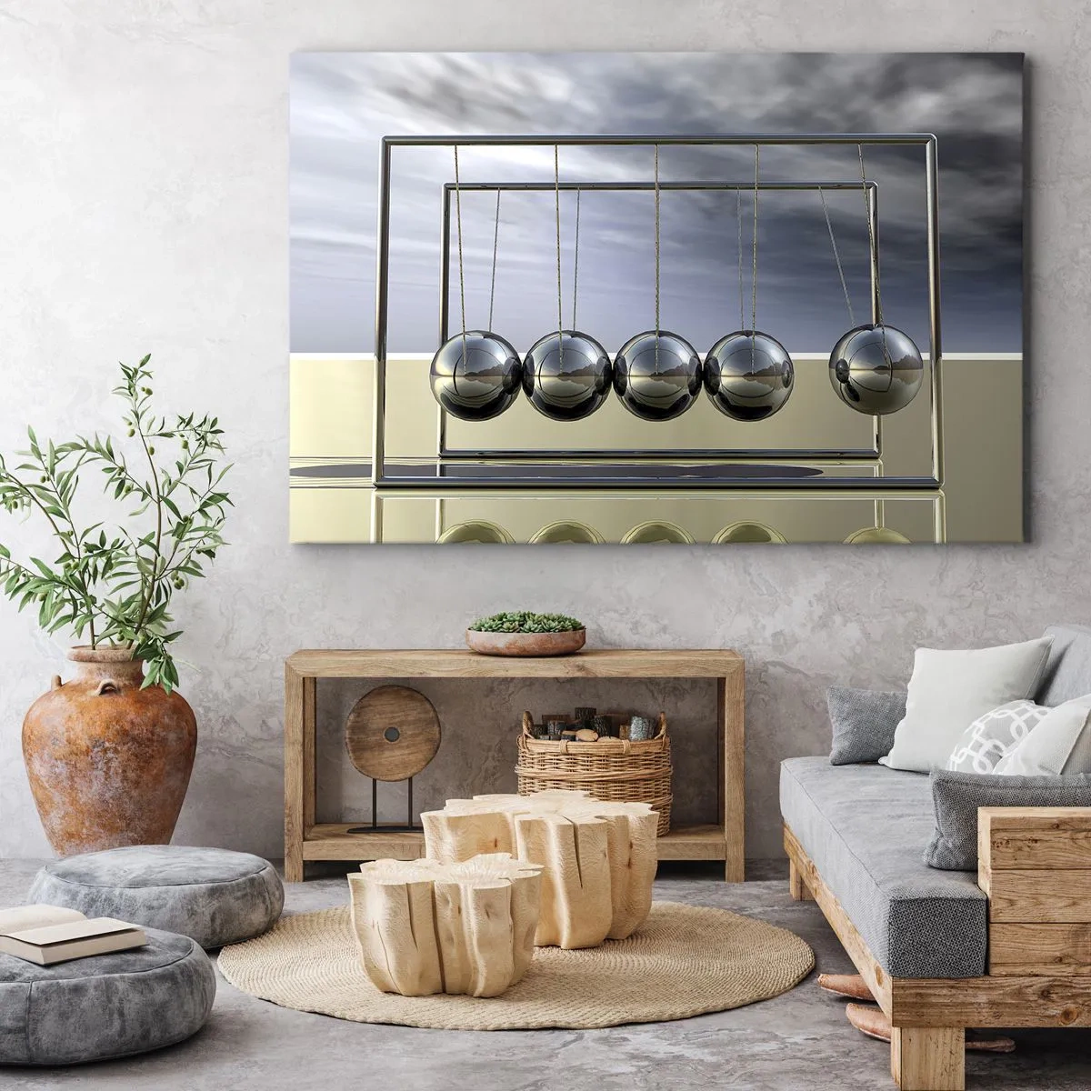 Canvas picture - Newton's spheres in a minimalist setting with light reflections - 70x50cm - Energy of the Light - Modern wall decoration for the living room and bedroom ARTTOR