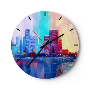 Wall clock - Clock on glass - A colorful panorama of the city illuminated by the setting sun - 30x30cm - Bathed in Colours - Modern wall decoration for the living room, kitchen, and bedroom ARTTOR