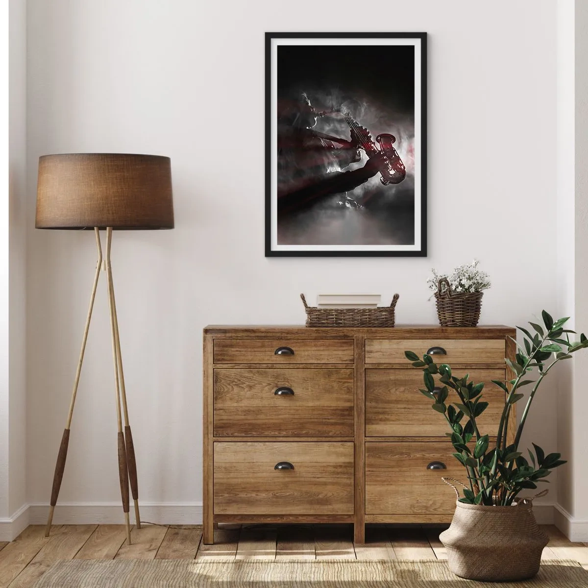 Poster in black frame - The strong silhouette of the saxophonist in a jazz atmosphere - 50x70cm - Lost in the Fog of Jazz - Modern wall decoration for the living room and bedroom ARTTOR