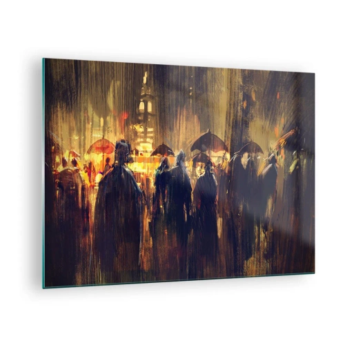 Glass picture - A crowd with umbrellas in the rain against the backdrop of city lights - 70x50cm - Followers of the Rain - Modern wall decoration for the living room and bedroom ARTTOR
