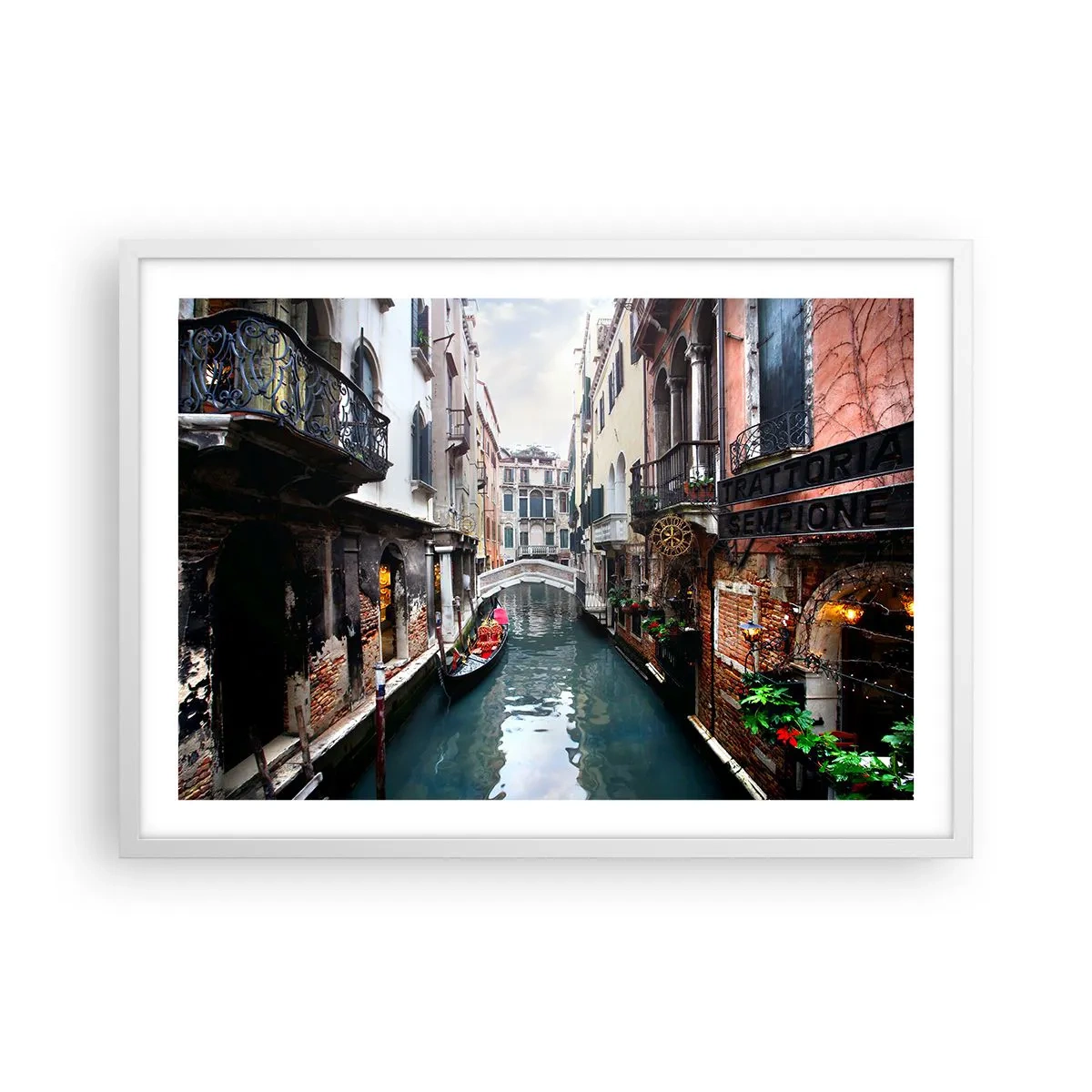 Poster in white frmae - Venetian View with a Gondola and a Bridge - 70x50 cm