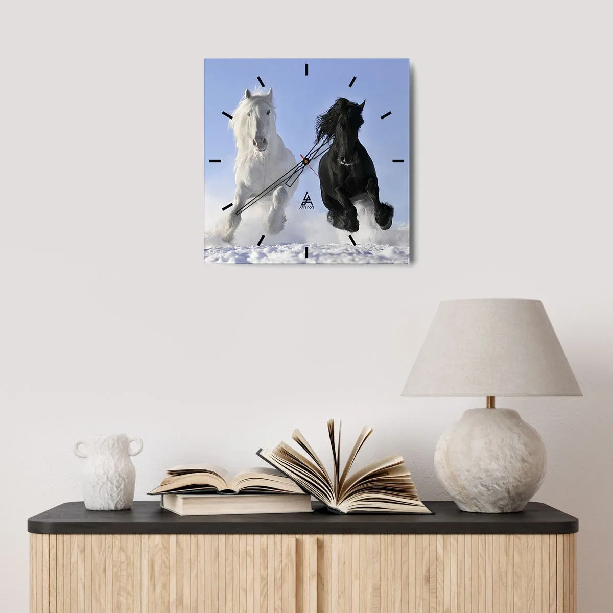 Wall clock - Clock on glass - Black and White Gallop - 40x40 cm