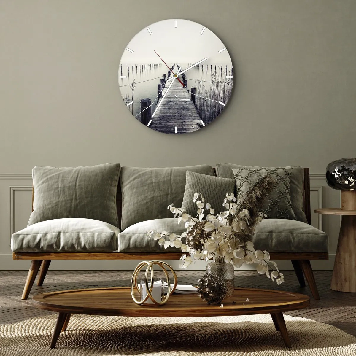 Wall clock - Clock on glass - A wooden jetty in a misty landscape over the water - 30x30cm - Immerse Yourself in Peace - Modern wall decoration for the living room, kitchen, and bedroom ARTTOR