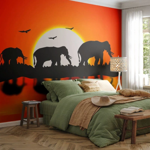 Photo Wallpaper Premium Sand - And in the Evening for a Small Drink - Animals, Africa, Elephant - 250x175 cm