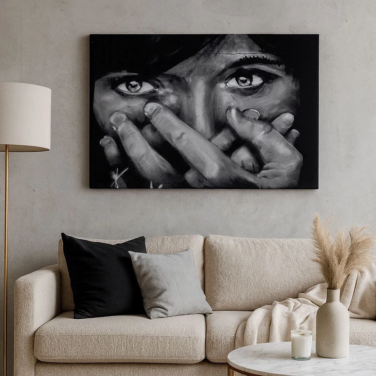 Canvas picture - Black and white portrait of a woman covering her face with her hands. - 70x50cm - I Won't Tell Who Painted It - Modern wall decoration for the living room and bedroom ARTTOR