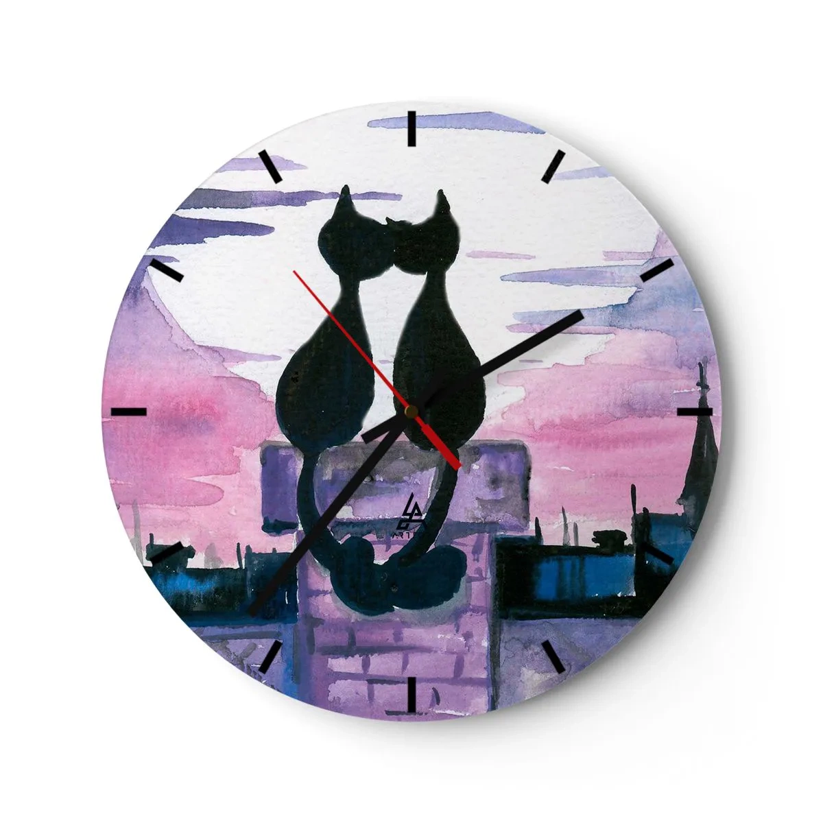 Wall clock - Clock on glass - Silhouettes of two cats against the pink sky - 30x30cm - Rendezvous under the Moon - Modern wall decoration for the living room, kitchen, and bedroom ARTTOR