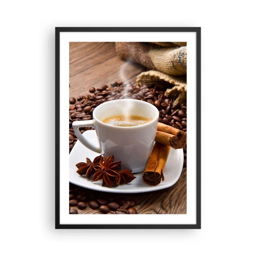 Poster in black frame - A cup of coffee with spices on a background of coffee beans - 50x70cm - Spicy Flavour and Aroma - Modern wall decoration for the living room and bedroom ARTTOR