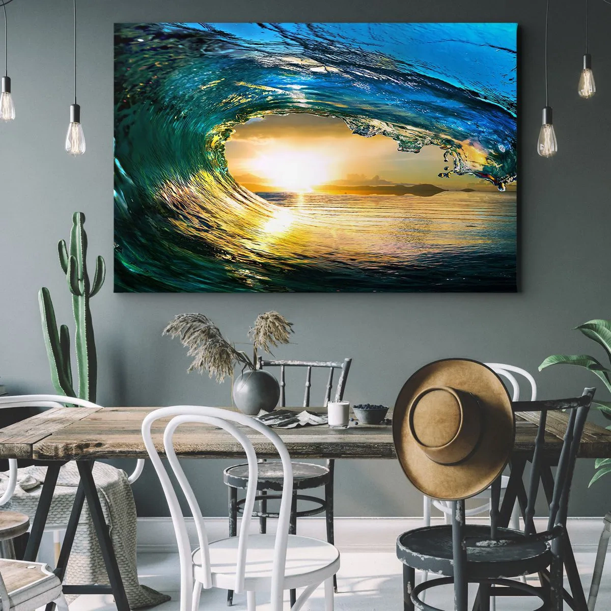 Canvas picture - Ocean wave in the sun with a view of the horizon - 70x50cm - In an Emerald and Gold Crystal - Modern wall decoration for the living room and bedroom ARTTOR