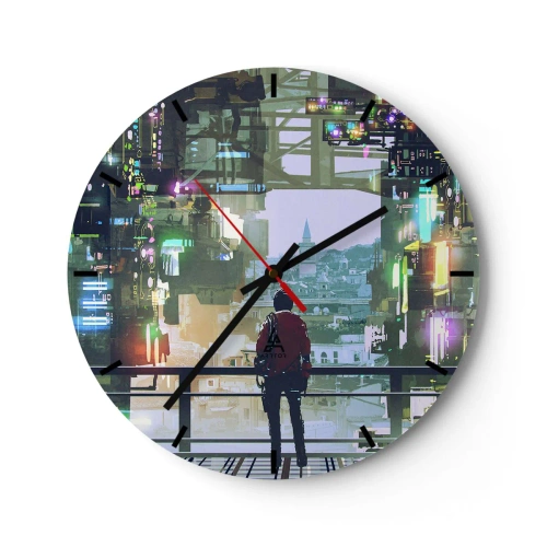 Wall clock - Clock on glass - A figure in a futuristic city with neon lights and a skyline in the background - 30x30cm - Two Worlds - Modern wall decoration for the living room, kitchen, and bedroom ARTTOR