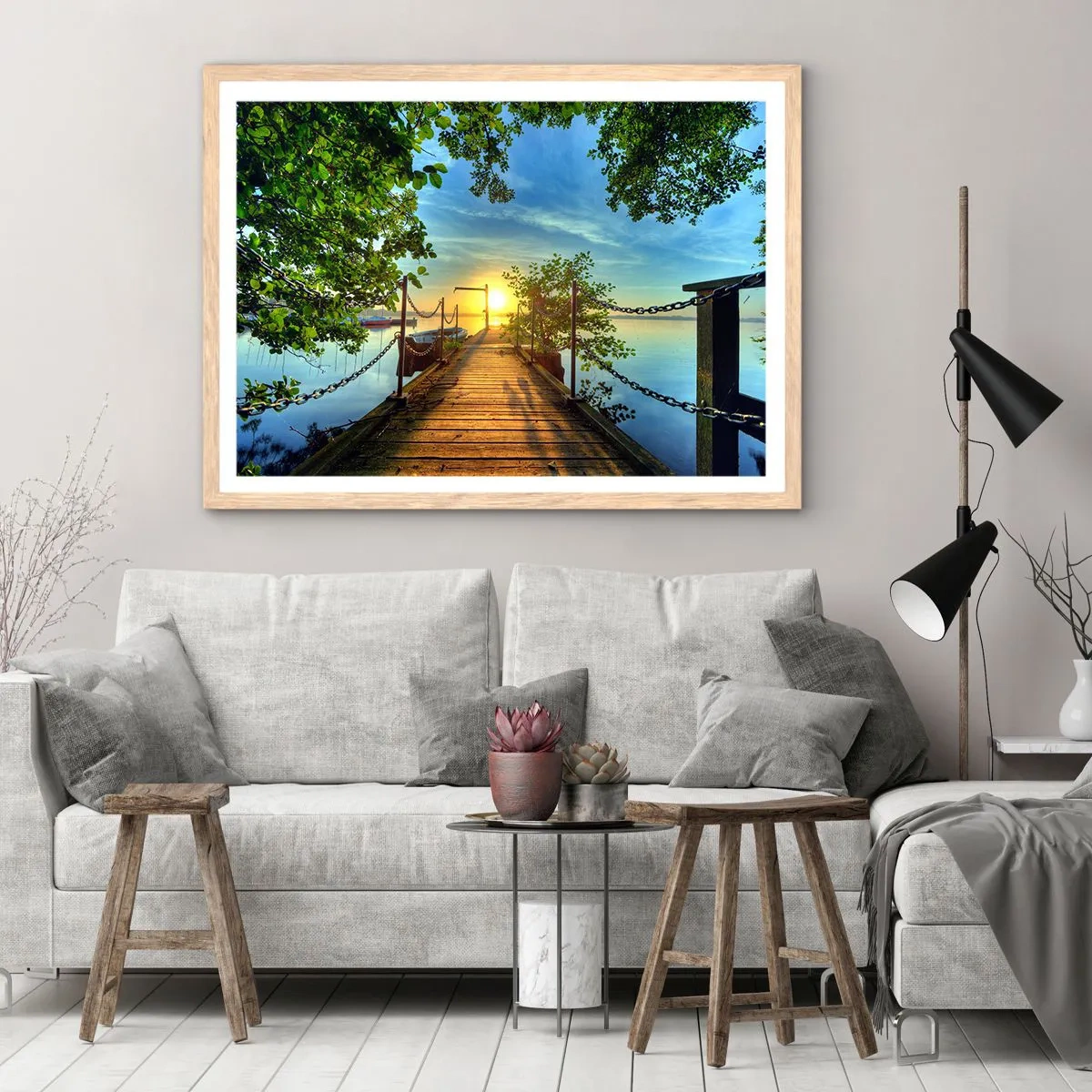 Poster in light oak frame - Sunset by the Water - 50x40 cm