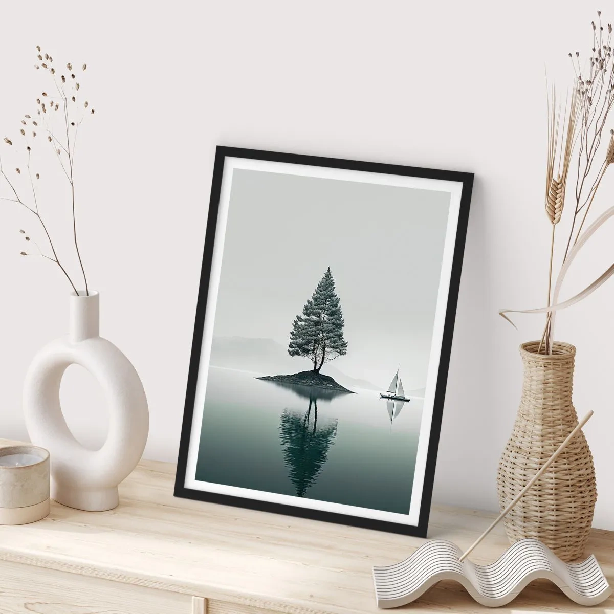 Poster in black frame - A lonely tree on an island with a reflection in the water - 50x70cm - Daydreaming - Modern wall decoration for the living room and bedroom ARTTOR