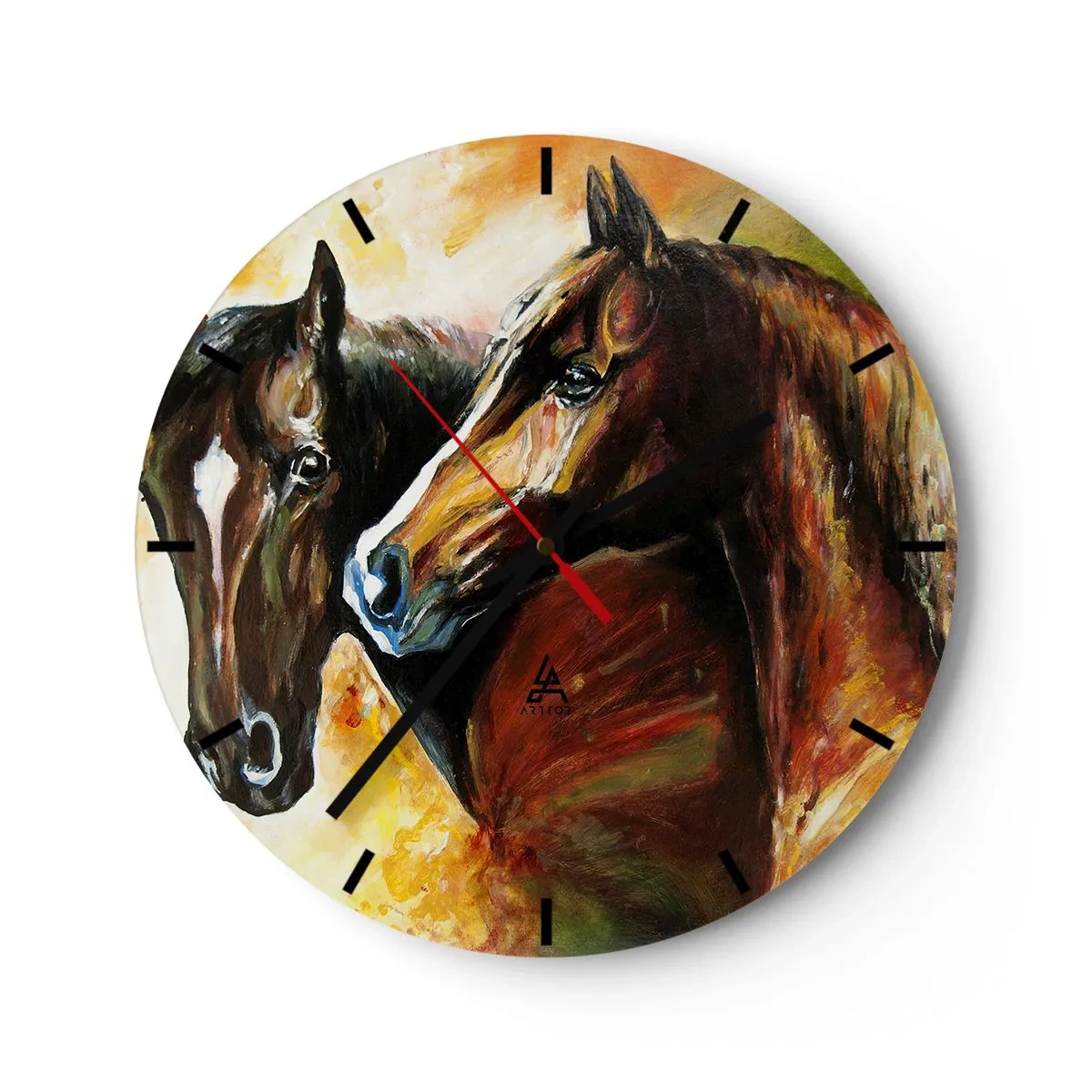 Wall clock - Clock on glass - Two horses in a picturesque and dynamic artistic style - 30x30cm - Twice More Charm - Modern wall decoration for the living room, kitchen, and bedroom ARTTOR