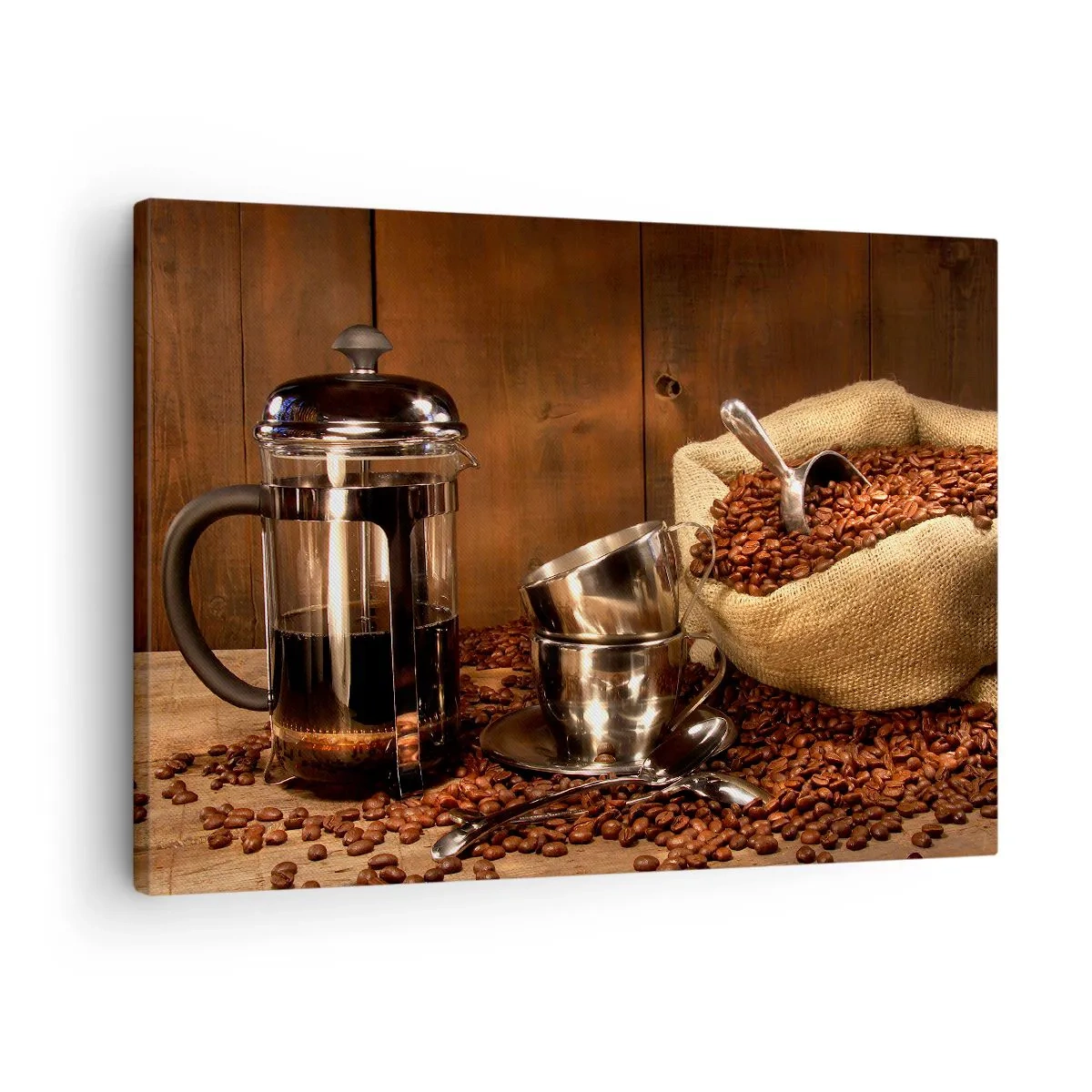 Canvas picture - French press, cups and a bag of coffee on a wooden background - 70x50cm - Charm of Coffee - aroma and flavour - Modern wall decoration for the living room and bedroom ARTTOR