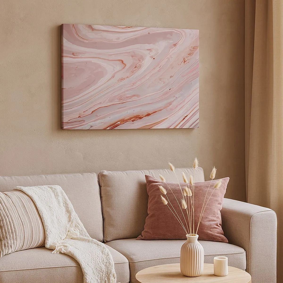 Canvas picture - Abstract waves in delicate shades of pink and beige - 70x50cm - Liquid Pink - Modern wall decoration for the living room and bedroom ARTTOR