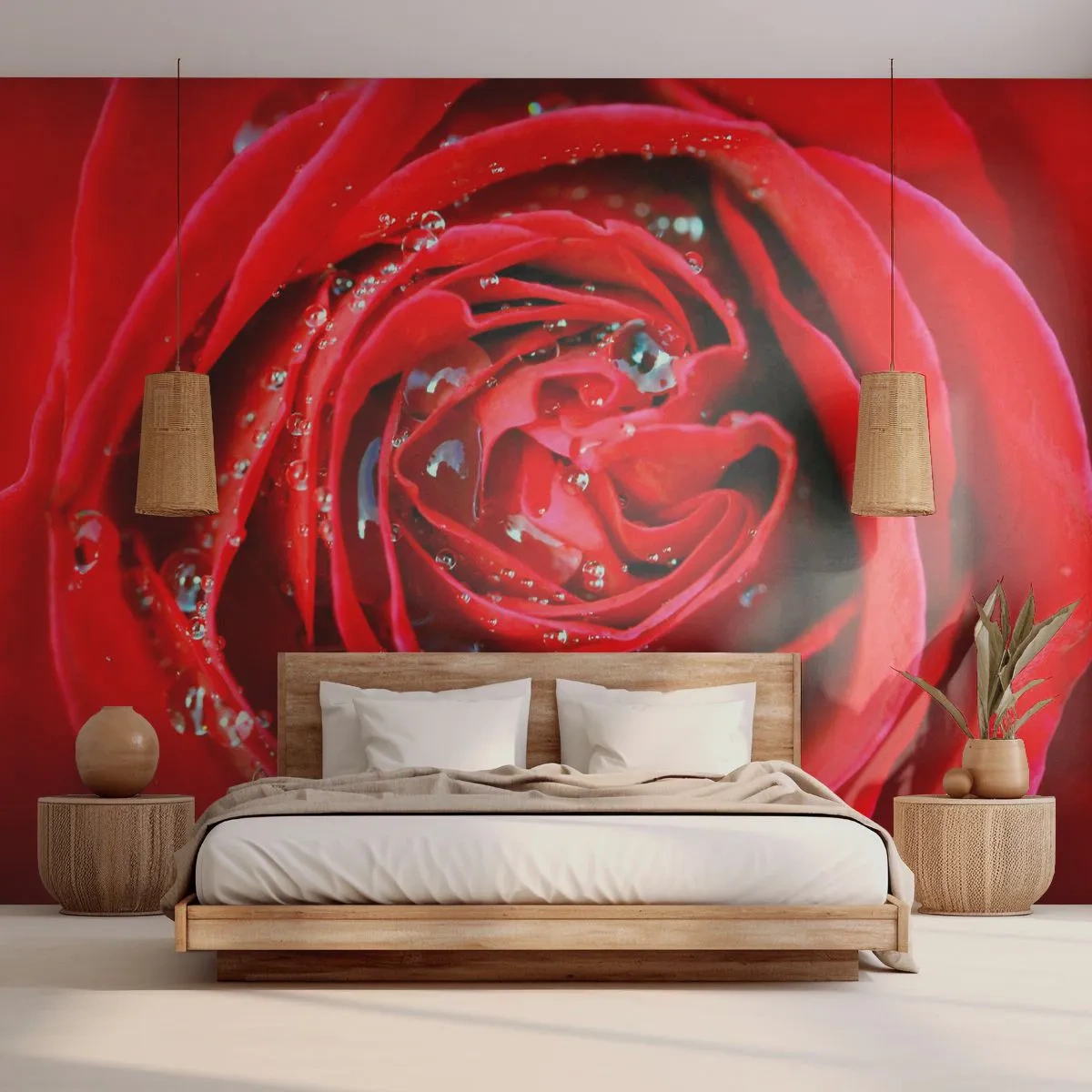 Photo Wallpaper Premium Sand - In Dew Drops - Flowers, Red Rose, Love - 100x70 cm