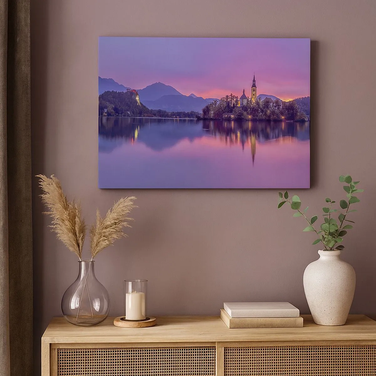 Canvas picture - Lake with an island and a church at sunset - 70x50cm - Fairytale Island by Dusk - Modern wall decoration for the living room and bedroom ARTTOR